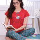 Charming Red And Teal Green Short Sleeve Round Neck Rich Cotton Pajama Set