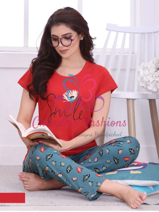 Charming Red And Teal Green Short Sleeve Round Neck Rich Cotton Pajama Set