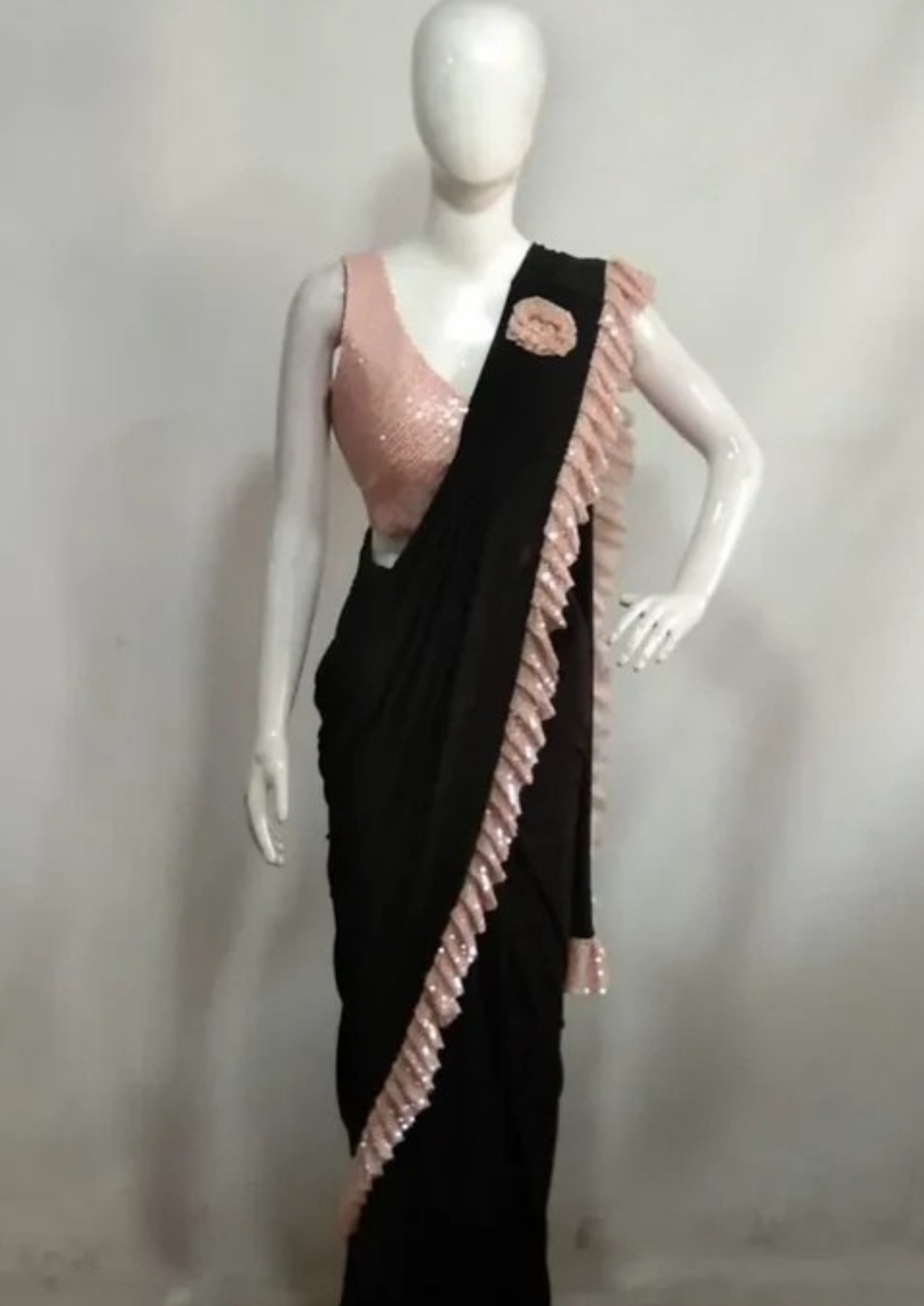 Black Color Ready To Wear One Minute Lycra Designer Saree In USA