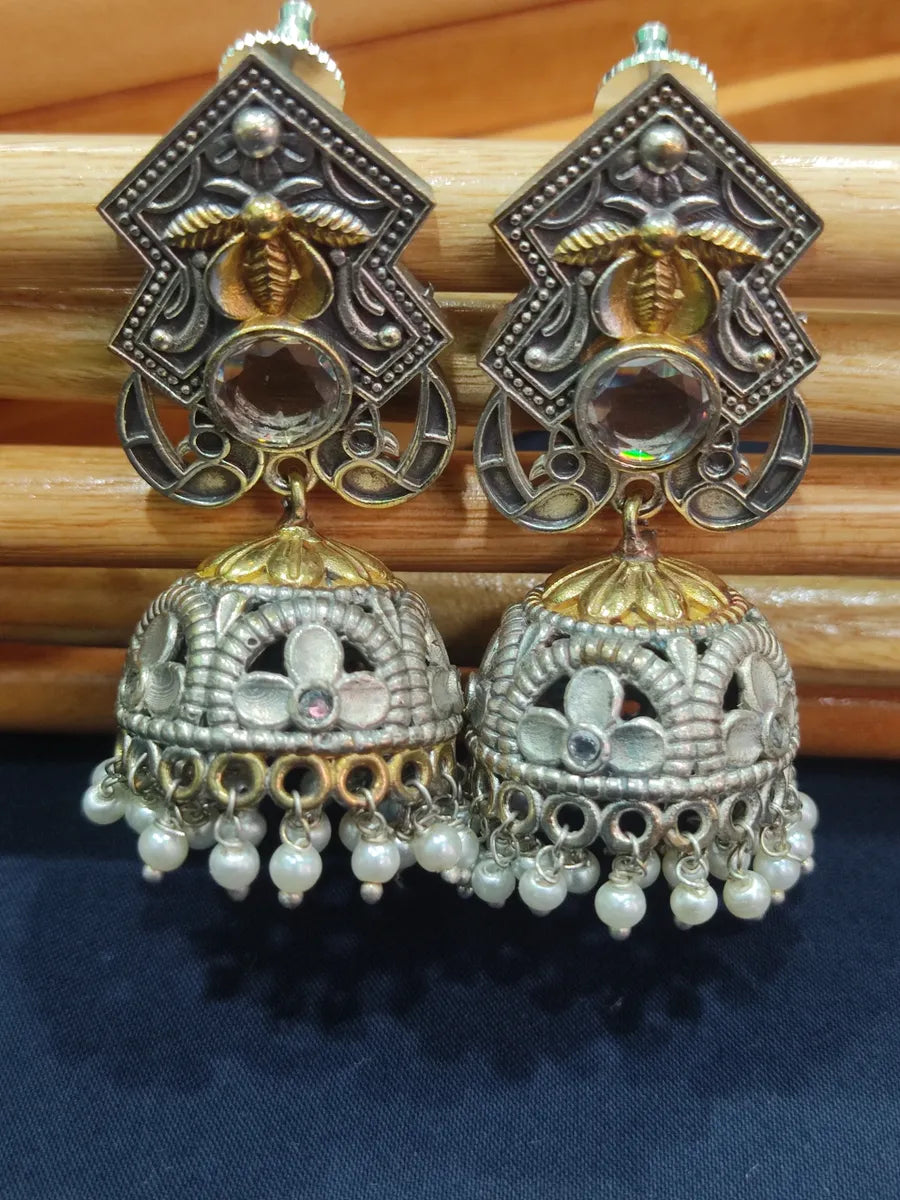 Brass And Copper Made Studded Jhumka Earrings With White Beads In Scottsdale