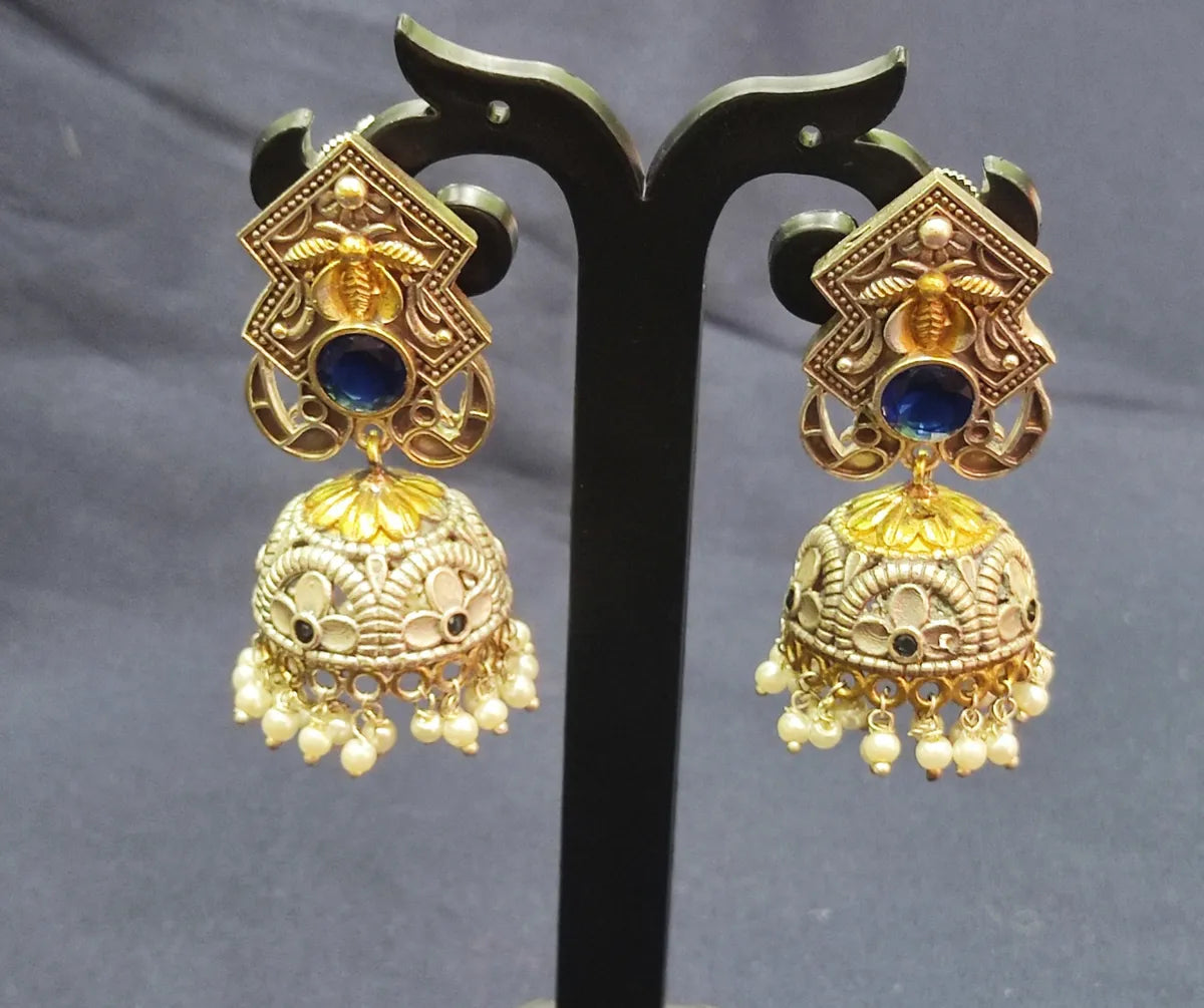 Silver Oxidized Brass And Copper Made Studded Jhumka Earrings With White Beads Near Me