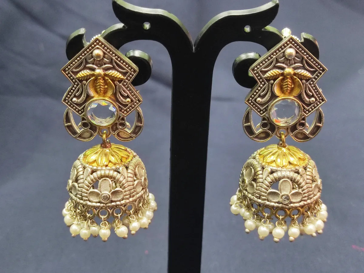 Studded Jhumka Earrings With White Beads In USA