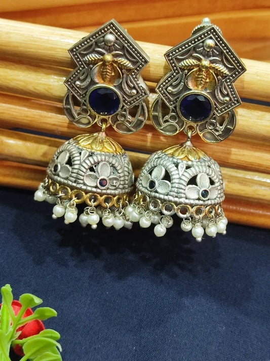 Fabulous Silver Oxidized Brass And Copper Made Studded Jhumka Earrings With White Beads