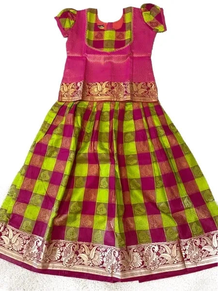 Pink And Green Silk Langa Set For Kids