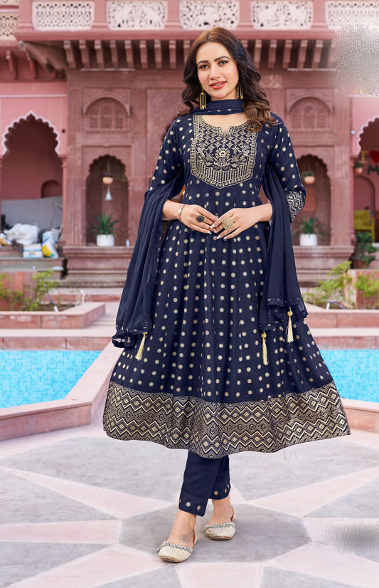 Charming Blue Colored Rayon Salwar Suits With Fancy Neck Embroidery And Dupatta