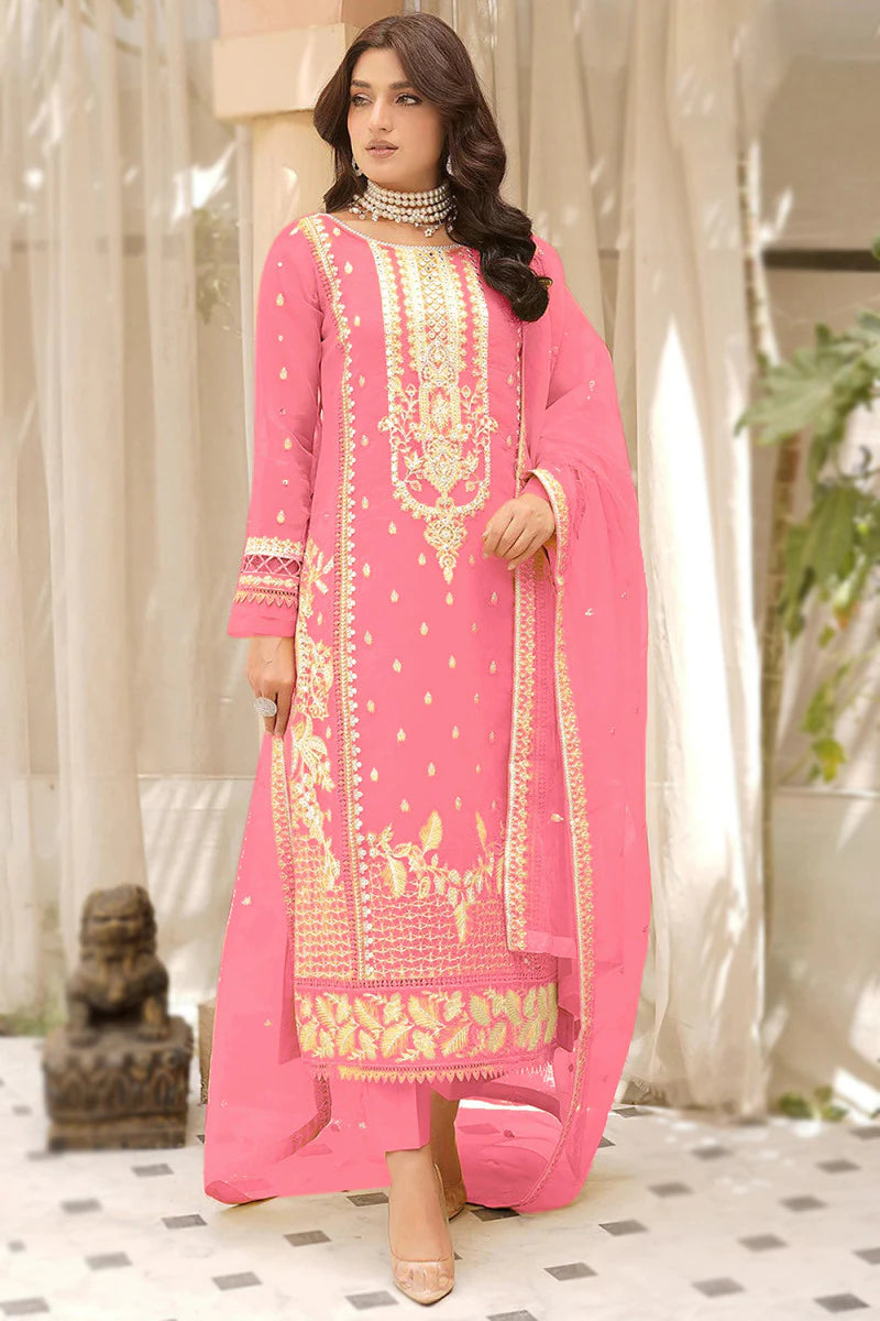 Beautiful Pink Color Soft Organza Salwar Suits With Embroidered Work For Women