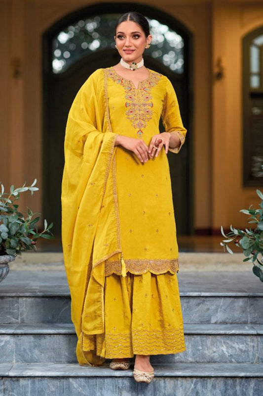 Lovely Yellow Color Roman Silk Designer Sharara Suits With Embroidery Work For Women