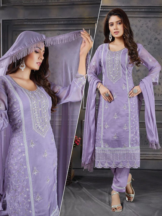 Beautiful Lavender Colored Heavy Organza Silk Salwar Suits With Fancy Dupatta