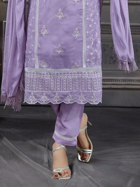 Beautiful Lavender Colored Heavy Organza Silk Salwar Suits With Fancy Dupatta