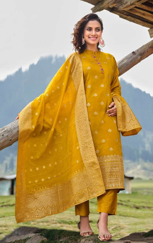 Attractive Mustard Yellow Colored Silk Jacquard Hand Work Kurti With Dupatta Sets