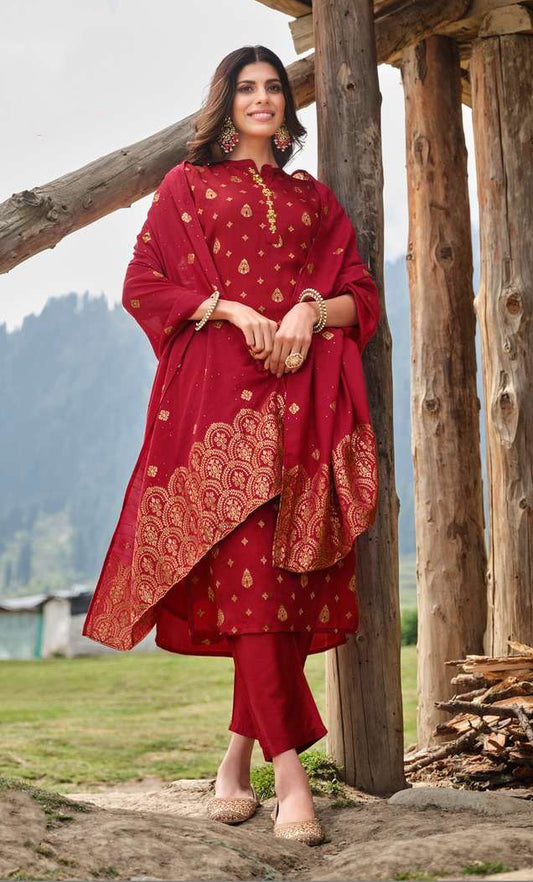 Attractive Red Colored Silk Jacquard Hand Work Salwar Suit Sets For Women