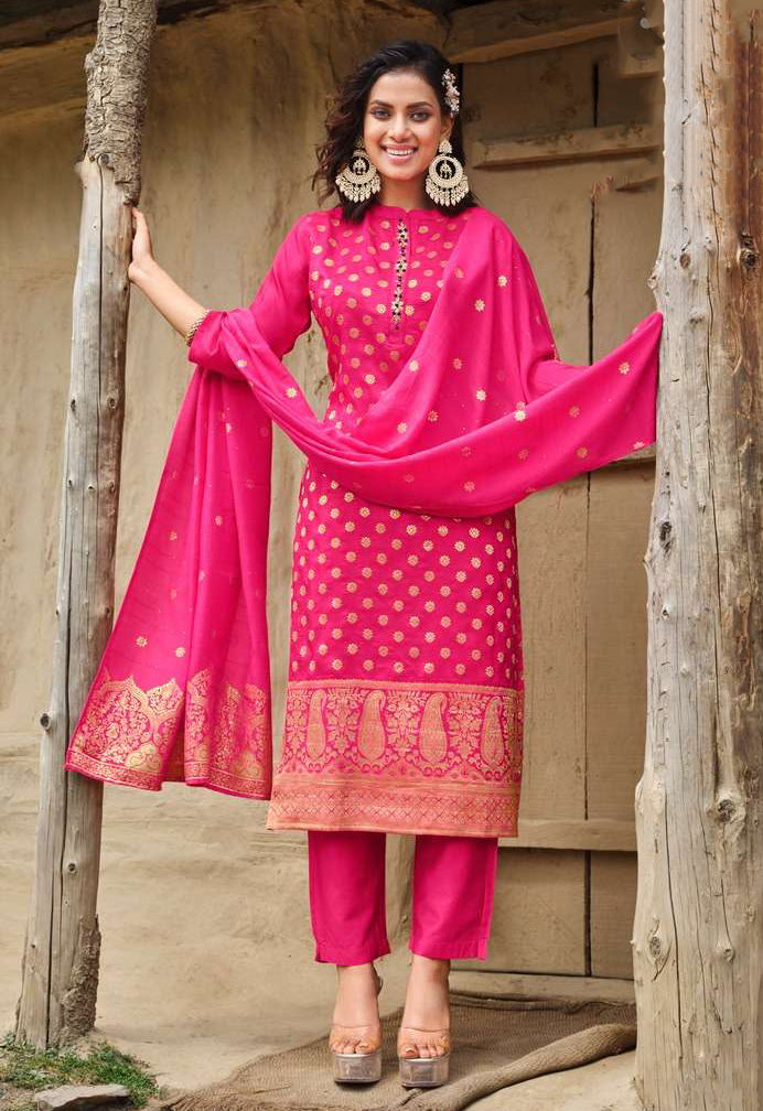 Appealing Pink Colored Pure Dola Silk Jacquard With Hand Work Salwar Suits For Women