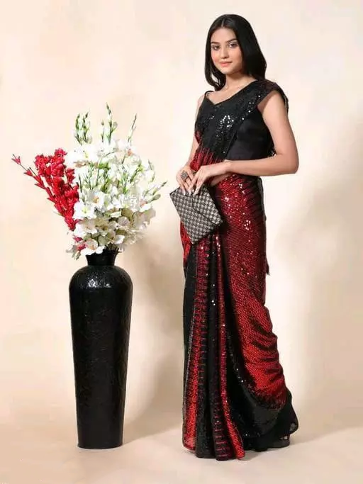 Attractive Red Color Party Wear Georgette Sequins Work Saree With Double Shade For Women