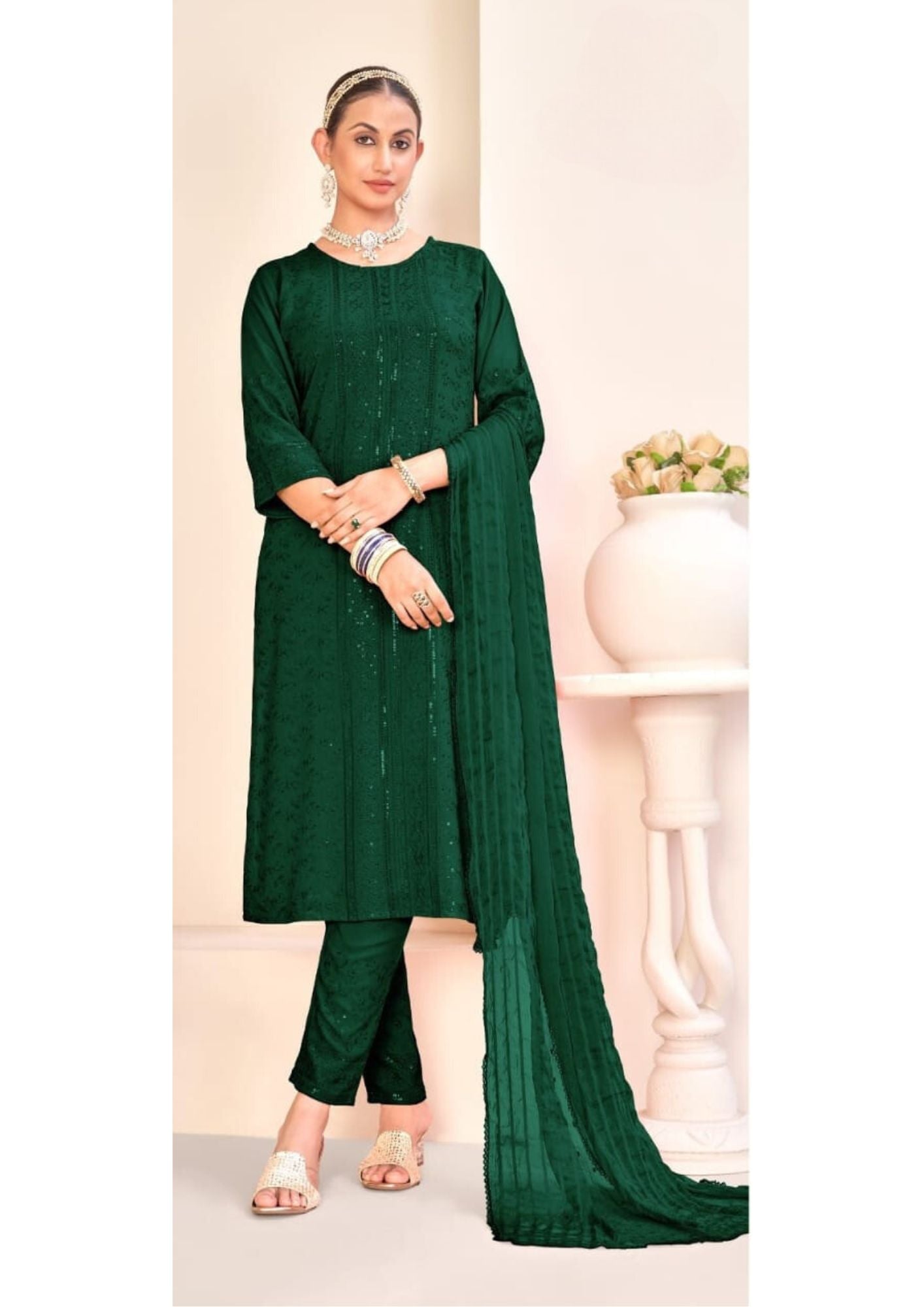 Pretty Dark Green Color Viscouse Rayon Salwar Suits With Dupatta Set