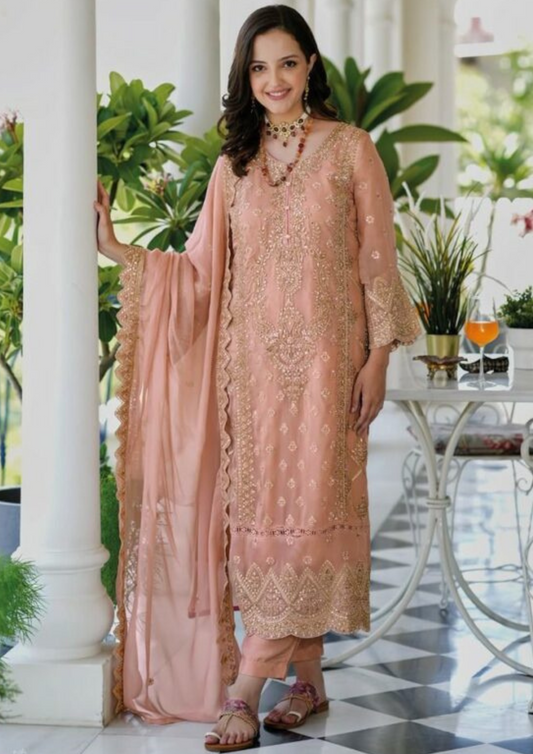 Pretty Peach Color Soft Organza Embroidery Work Salwar Suits With Dupatta