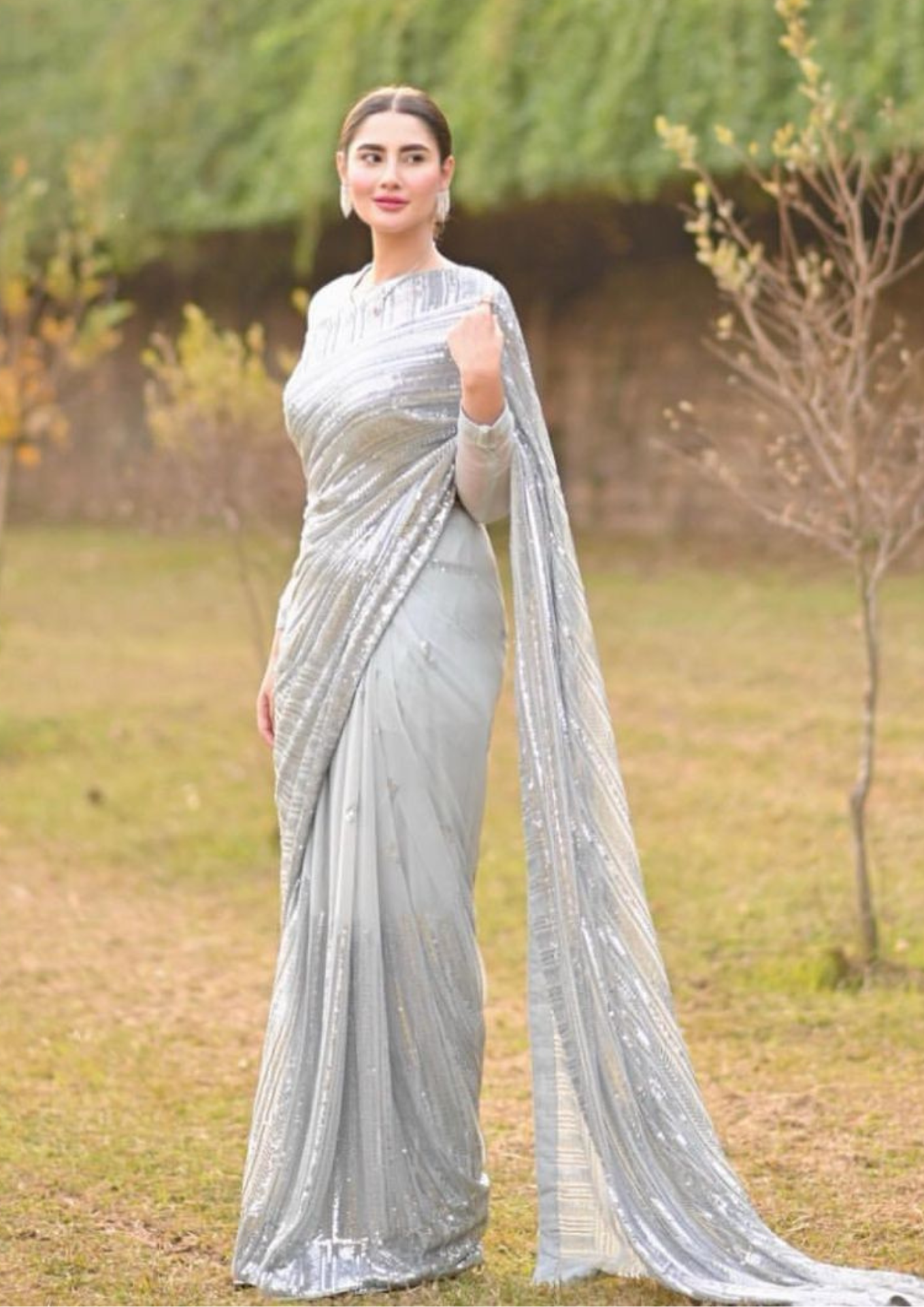 Beautiful Silver Colored Soft Georgette With Sequins Work Party Wear Saree For Women