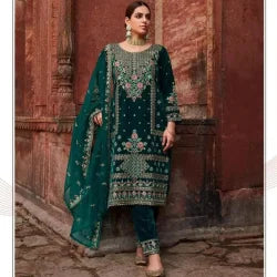 Stunning Dark Green Color Velvet With Embroidery Salwar Suits With Dupatta For Women