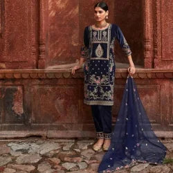 Attractive Dark Blue Velvet With  Embroidery Work Salwar Suits With Dupatta For Women