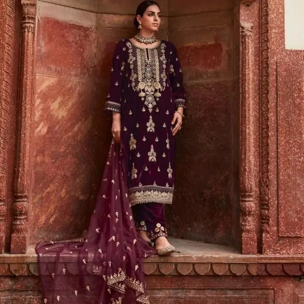 AAttractive Wine color Velvet With Embroidery Palazzo Suits With Dupatta For Women