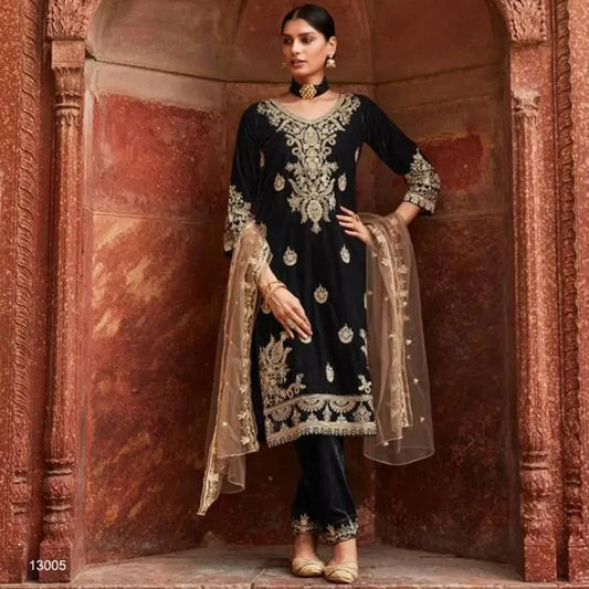 Beautiful Black Color Velvet With Embroidery Palazzo Suits With Dupatta For Women