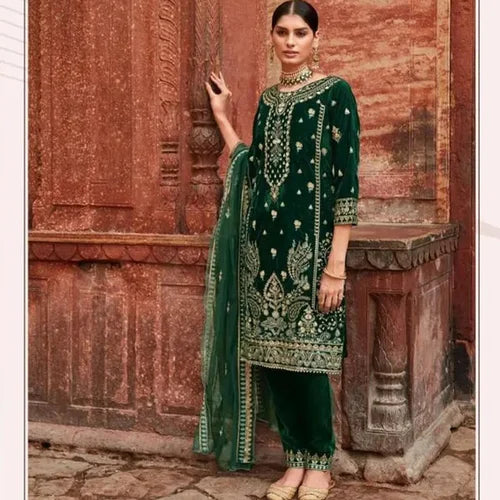 Beautiful Green Color Velvet With Embroidery Salwar Suits With Dupatta For Women