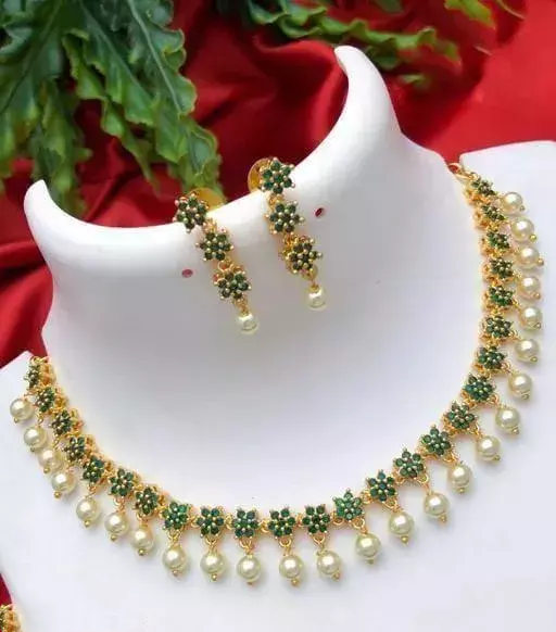 Premium Quality Green Color Microplated AD Stone Pearl Necklace With Earrings