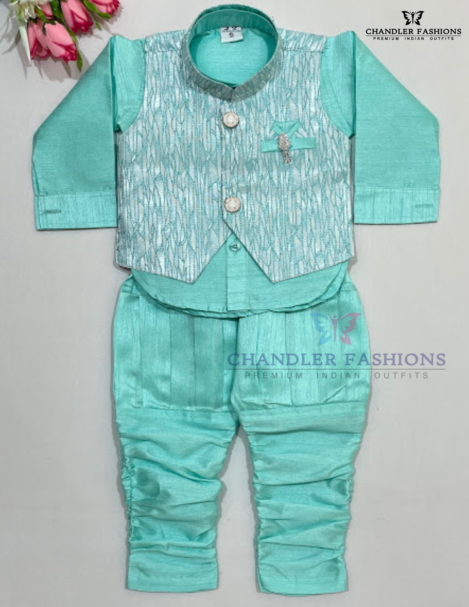 Charming Sea Green Color Cotton Sherwani Suits With Brooch Pin For Boys