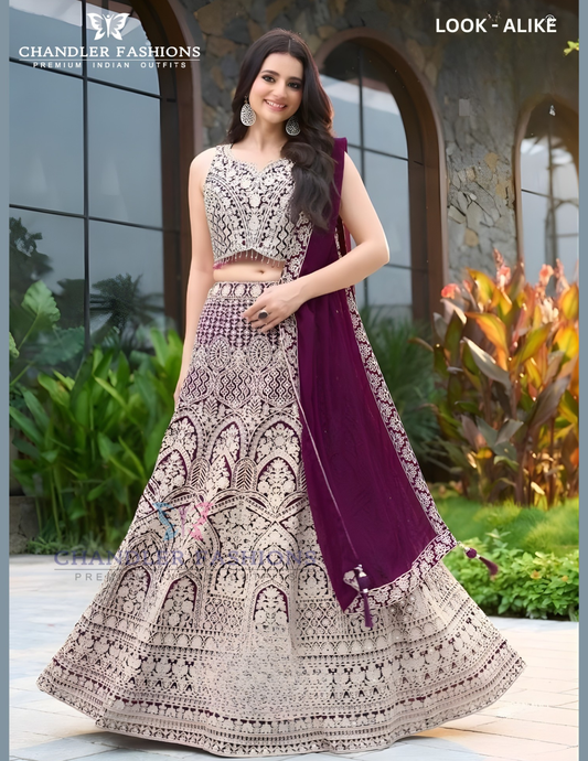 Alluring Purple Color Net With Embroidery Work Lehenga Choli For Women