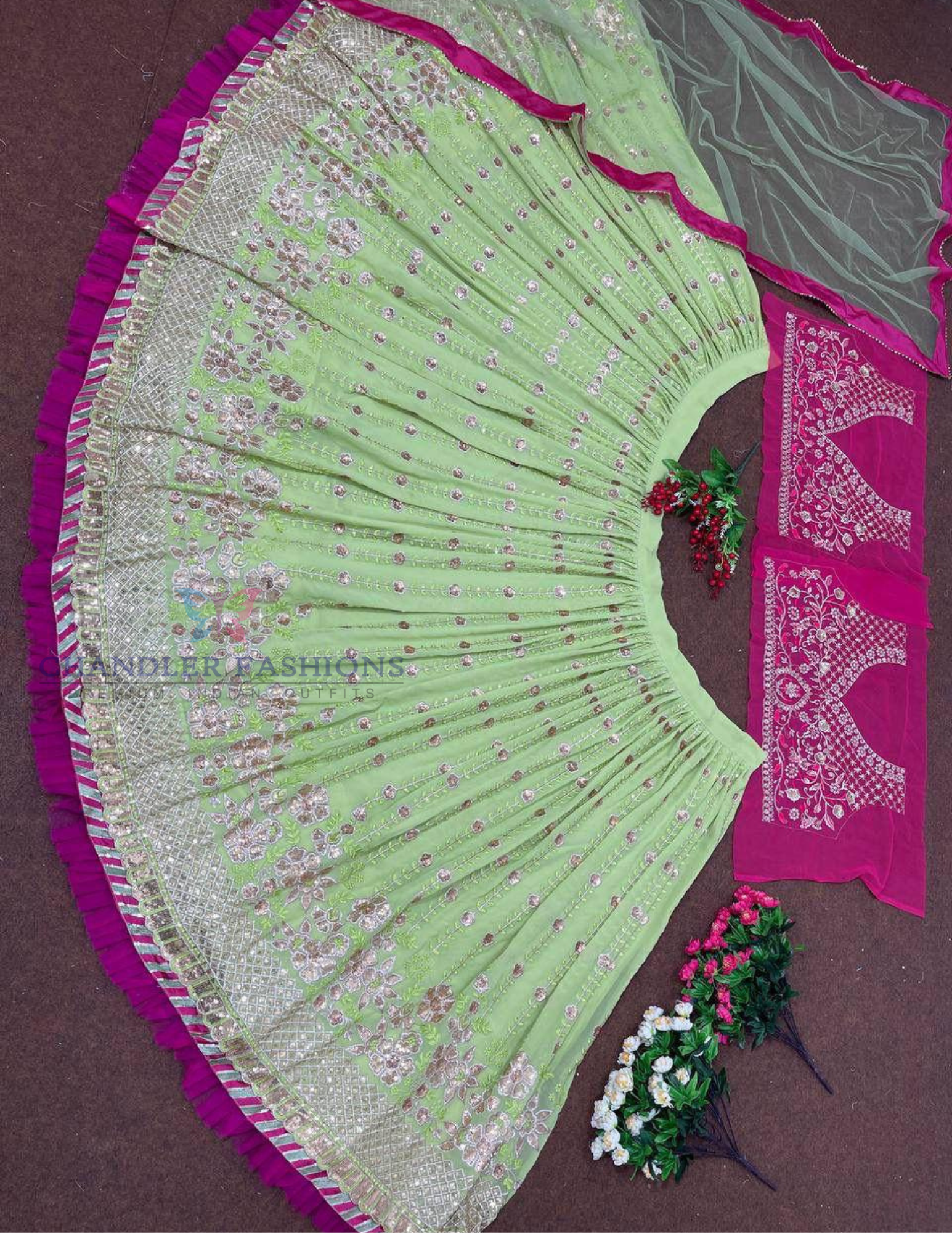 Green Color Georgette With Embroidery And Sequins Work Lehenga Near Me