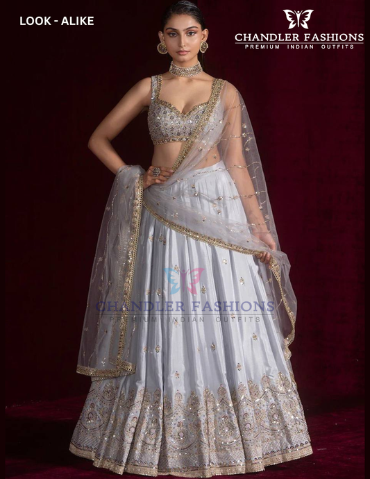 Appealing Gray Color With Sequins Dori And Zari Work Lehenga For Women