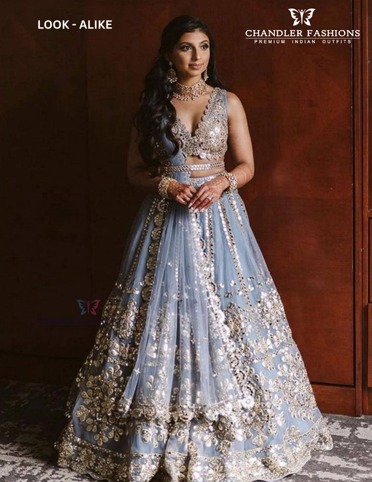 Attractive Gray Color Net With Zari Work Lehenga For Women