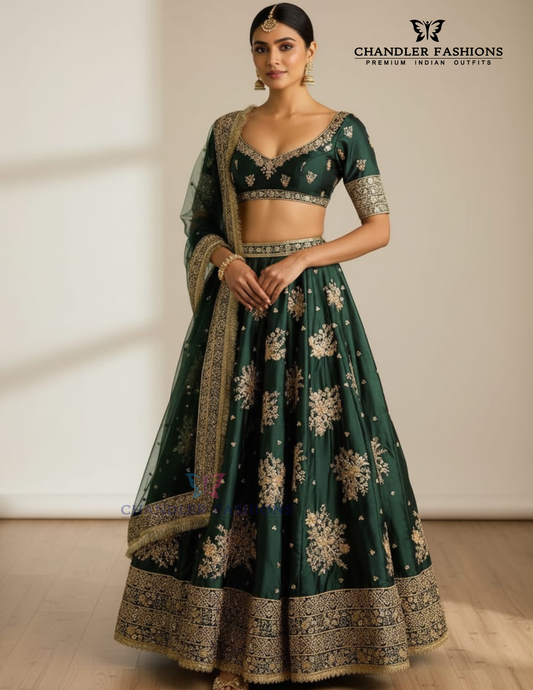Stunning Dark Green French Crepe With Zari And Sequins Work Lehenga For Women