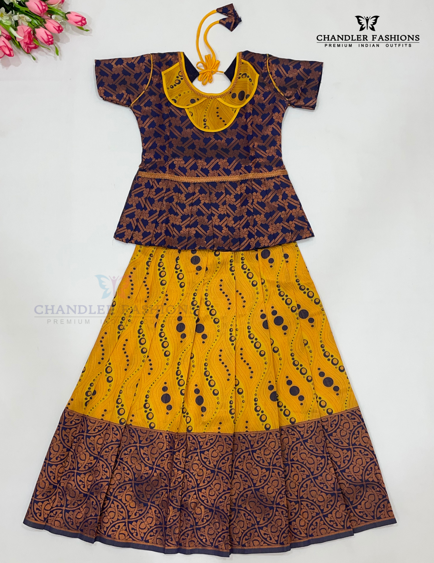 Alluring Yellow Colored Silk Langa Sets With Stone Work For Girls