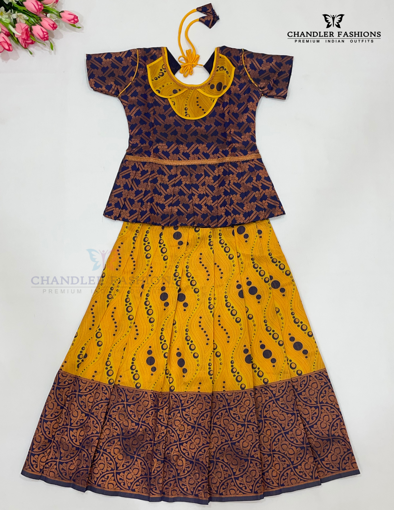 Alluring Yellow Colored Silk Langa Sets With Stone Work For Girls