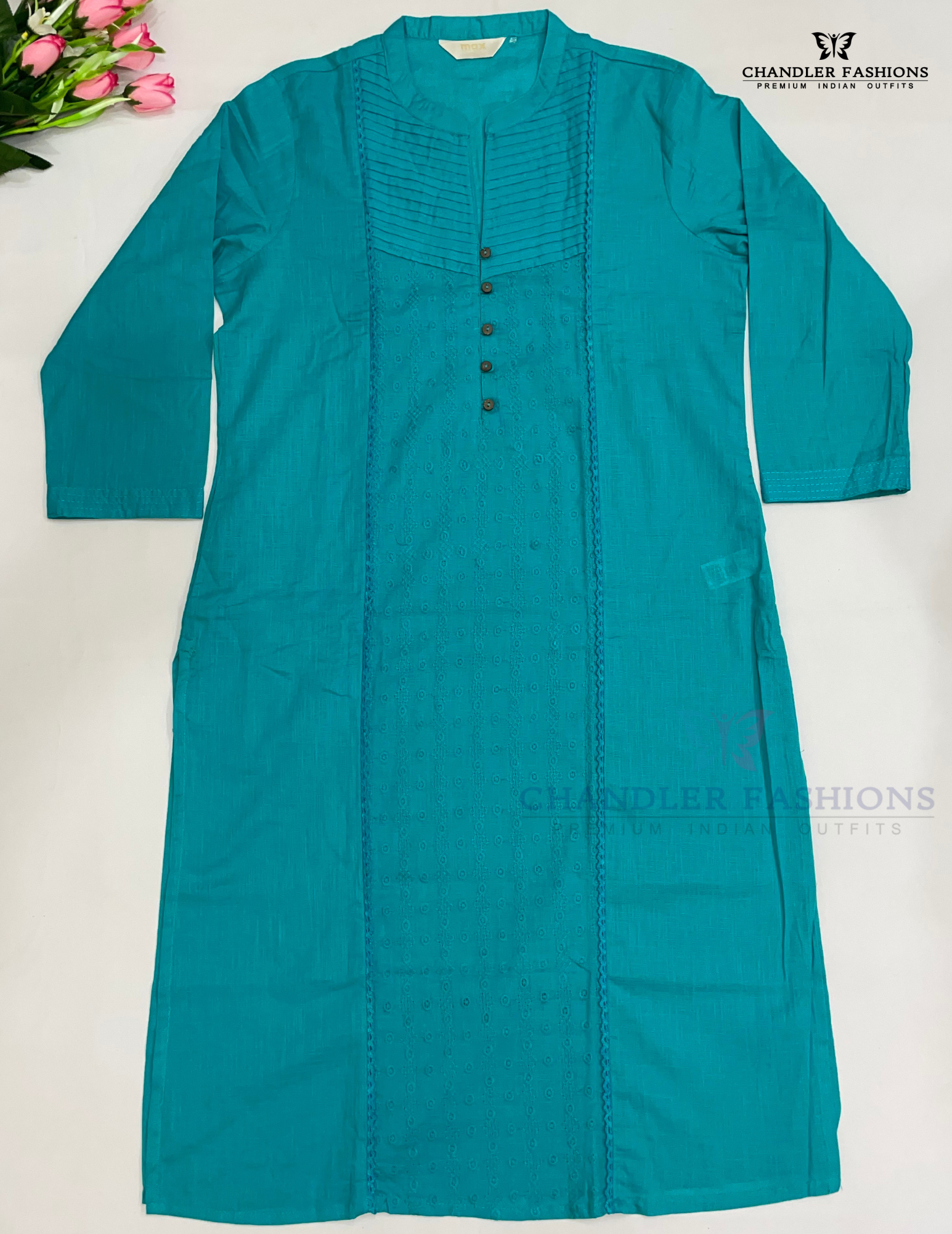 Alluring Teal Blue Color Cotton Kurti With Pocket For Women