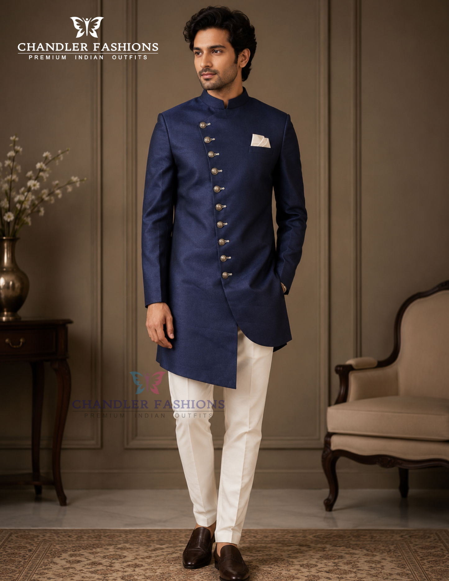 Stunning Blue Color Velvet With Beautiful Embroidery Pocket Design Sherwani With Poly cotton Pajama For Men