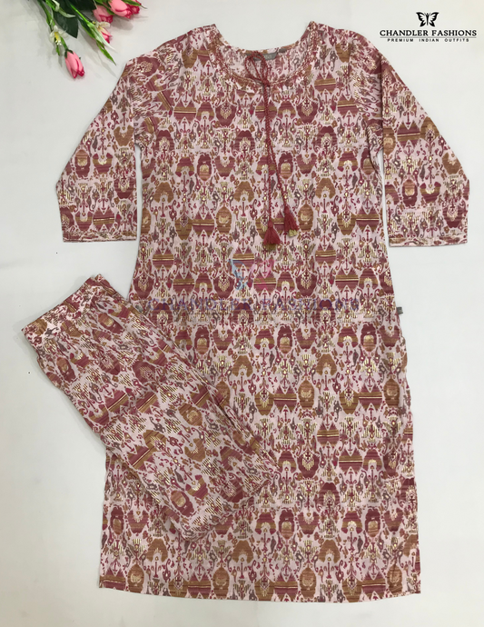 Alluring Light Maroon Color With Printed Work Cotton Kurti Suits For Women