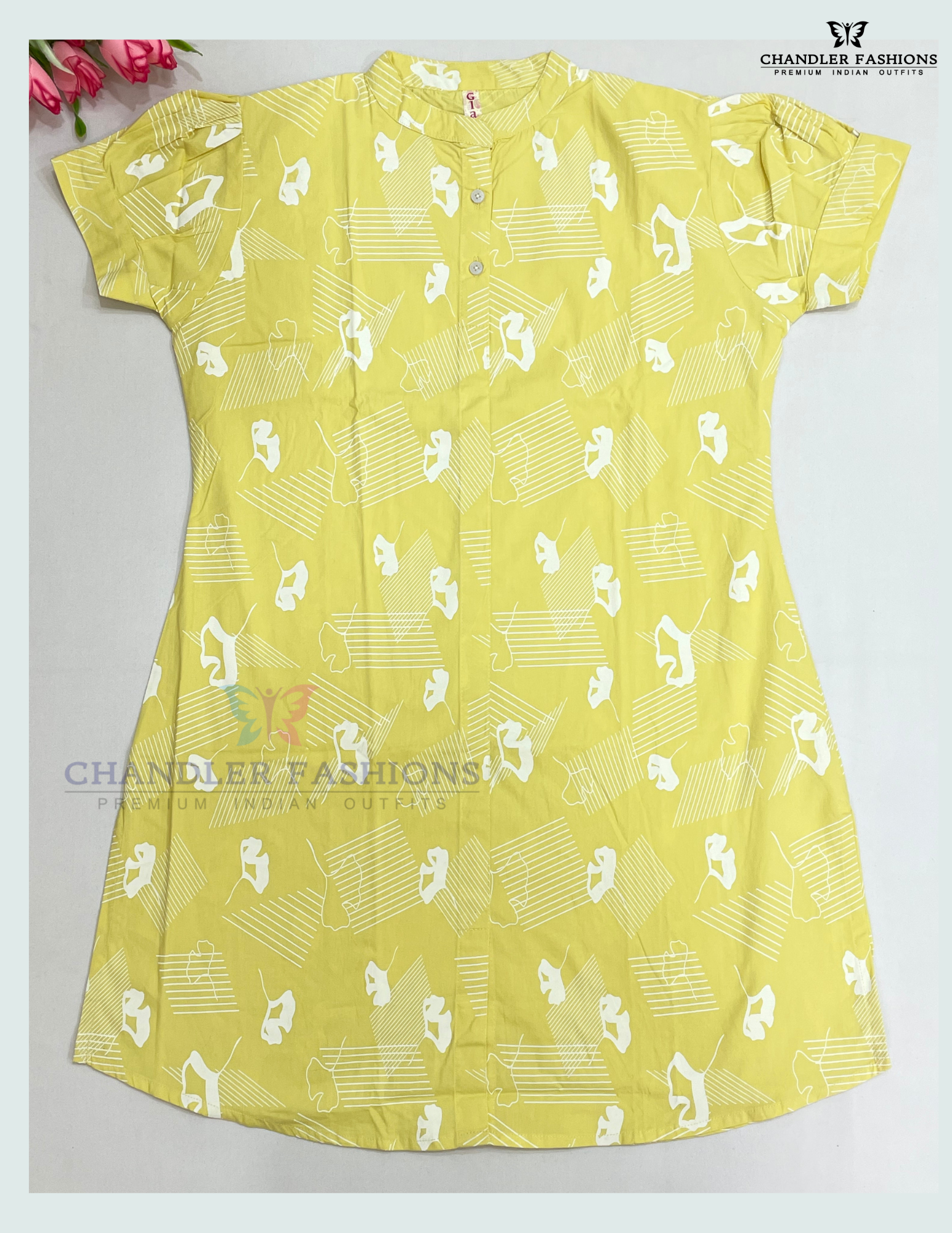 Appealing Yellow Color Cotton With Printed Work Kurti For Girls