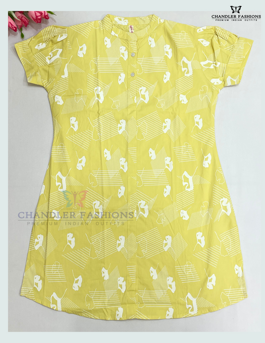 Appealing Yellow Color Cotton With Printed Work Kurti For Girls