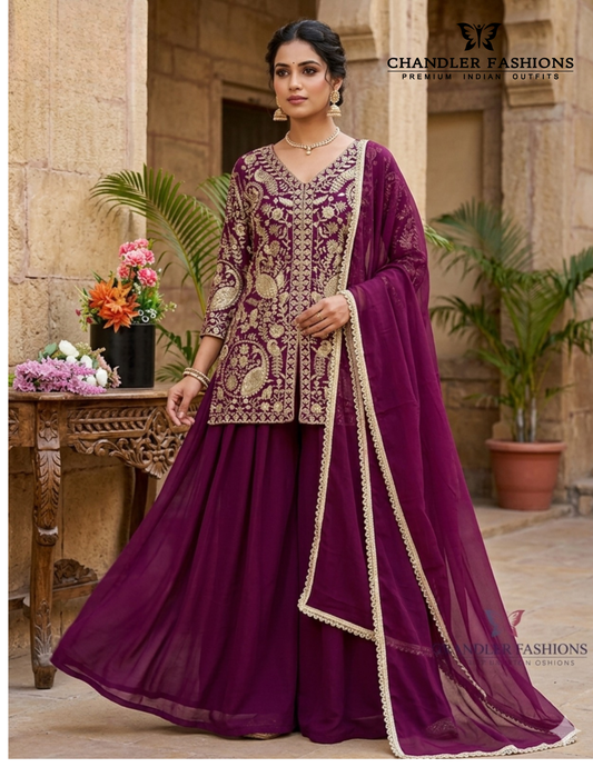 Alluring Maroon Color Heavy Georgette With Embroidery And Sequins Work Palazzo Suits