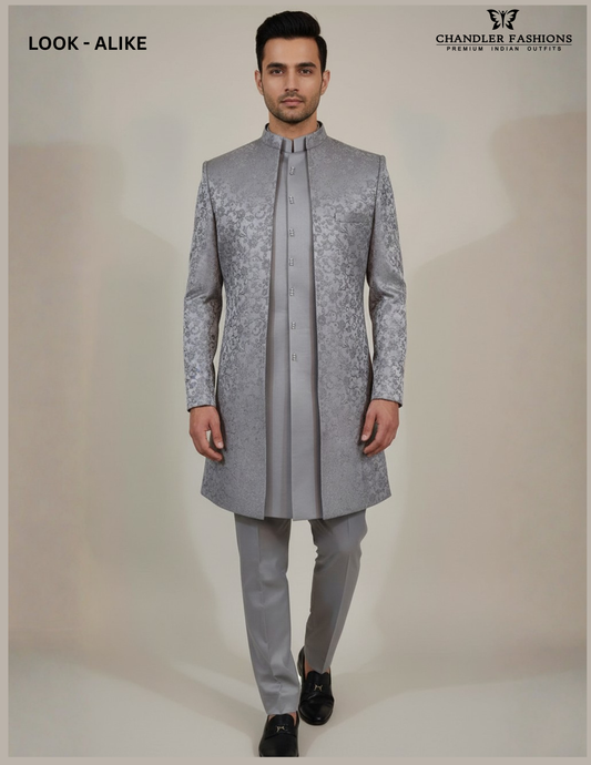 Pleasing Silver Gray Color Jacquard With Hand Embroidery Work Sherwani Suit For Men - PREMIUM QUALITY