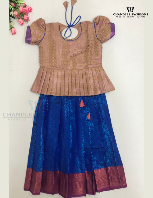 Stunning Beige And Blue Color With Pink Zari Work Art Silk Langa Sets For Girls