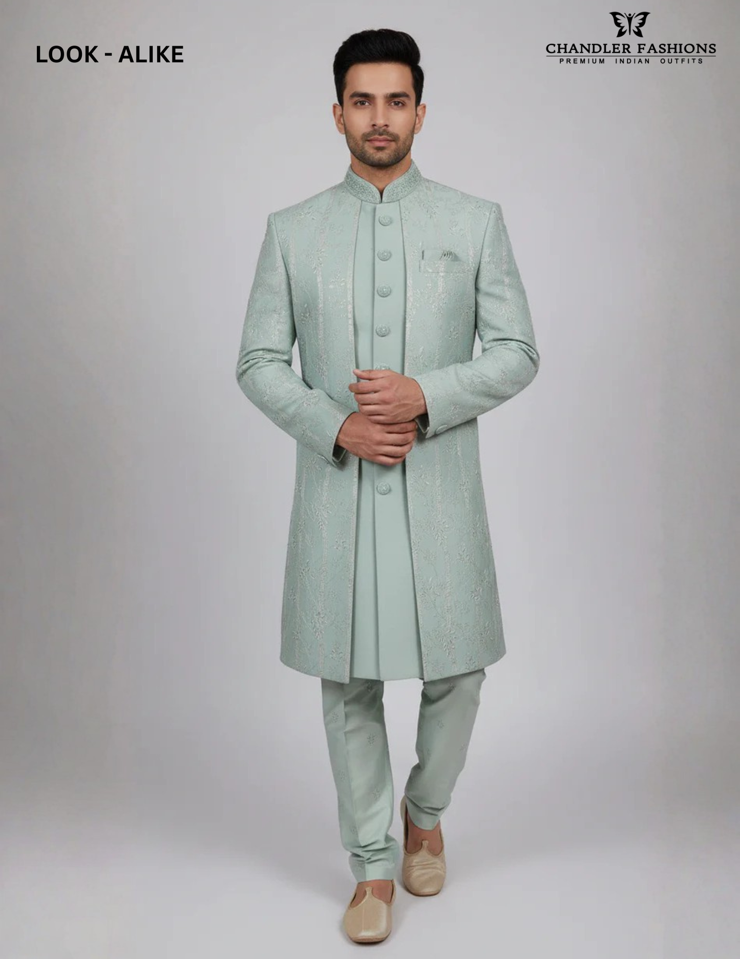 Attractive Pista Green Color Silk With Hand Embroidery Work Sherwani Suit For Men - PREMIUM QUALITY