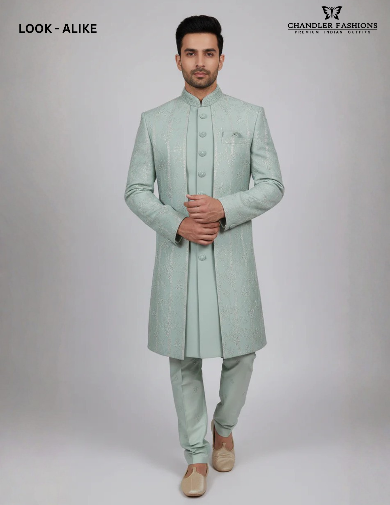 Attractive Pista Green Color Silk With Hand Embroidery Work Sherwani Suit For Men - PREMIUM QUALITY