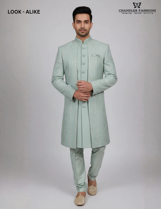 Attractive Pista Green Color Silk With Hand Embroidery Work Sherwani Suit For Men - PREMIUM QUALITY