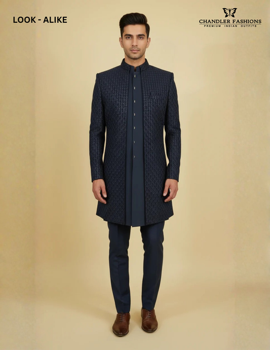 Fantastic Navy Blue Color Silk With Hand Embroidery Work Sherwani Suit For Men - PREMIUM QUALITY