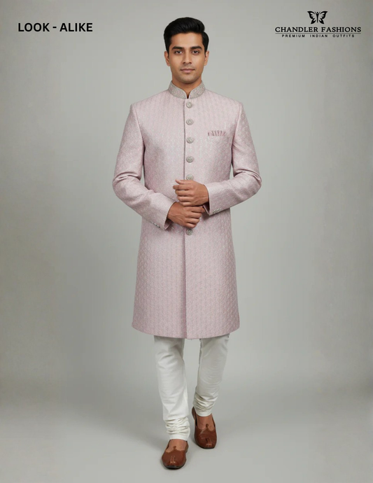 Attractive Baby Pink Color Raw Silk With Embroidery Work Sherwani Suit For Men - PREMIUM QUALITY