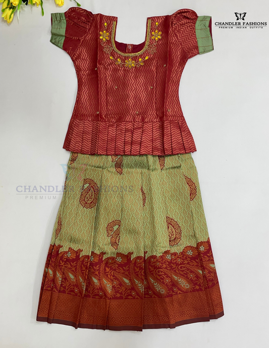 Attractive Maroon And Green Color Silk Langa sets With Zari Work For Girls