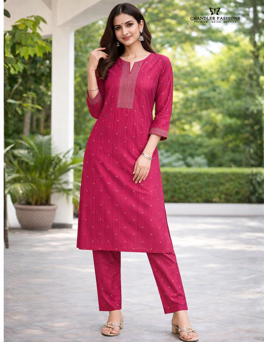 Attractive Dark Pink Color Rayon With Embroidery Work Kurti And Palozzo Suits For Women