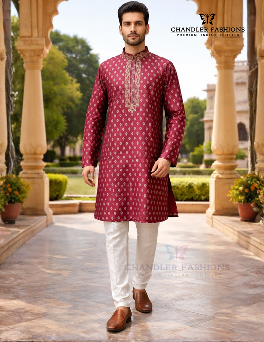 Beautiful Maroon Color Jacquard With Zardozi Work Kurta Suits For Men